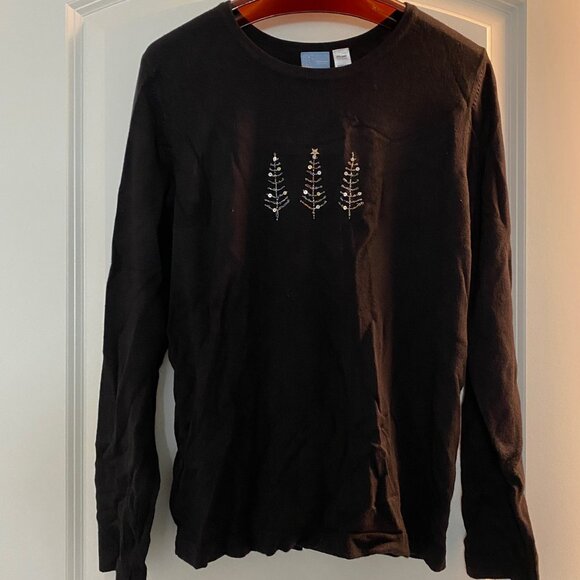 New Holiday Editions BLACK lightweight SWEATER 3 SEQUIN & BEAD Christmas Trees S - Picture 1 of 6